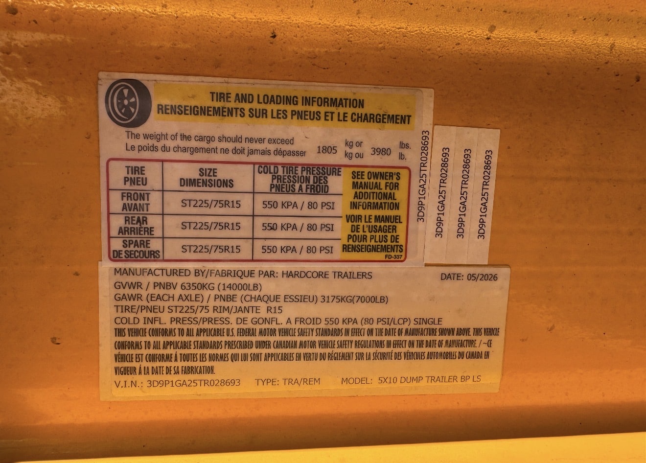 2026 HardCore 60 x 10 10K BP Dump Yellow #5TR028693